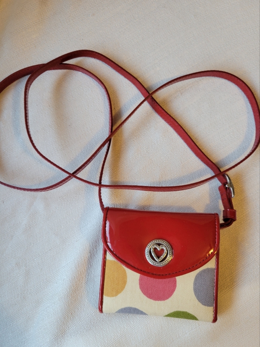 Brighton Vintage Polka Dot Crossbody with Red Patent Leather Trim